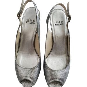Stuart Weitzman 7.5M Silver Metallic Shoe Peep Toe Slingback Party Cocktail